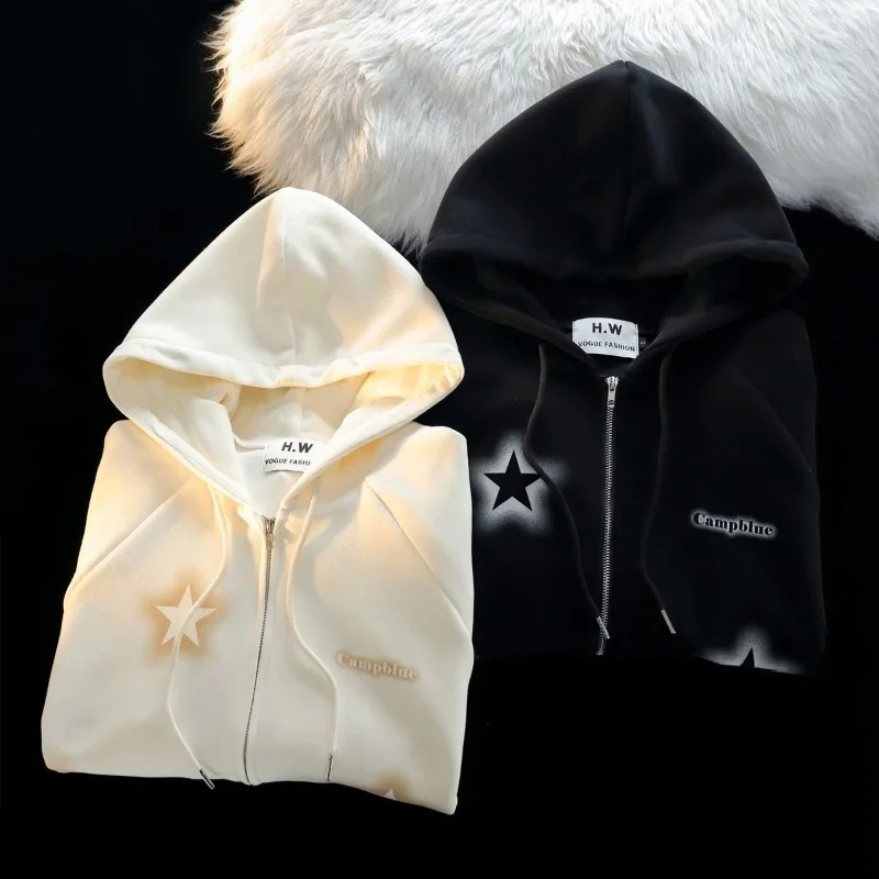 Chaqueta cárdigan con cremallera y estampado de pentagrama americano para chica, Sudadera con capucha de gran tamaño, sudadera holgada coreana con cremallera para parejas, ropa de calle para mujer