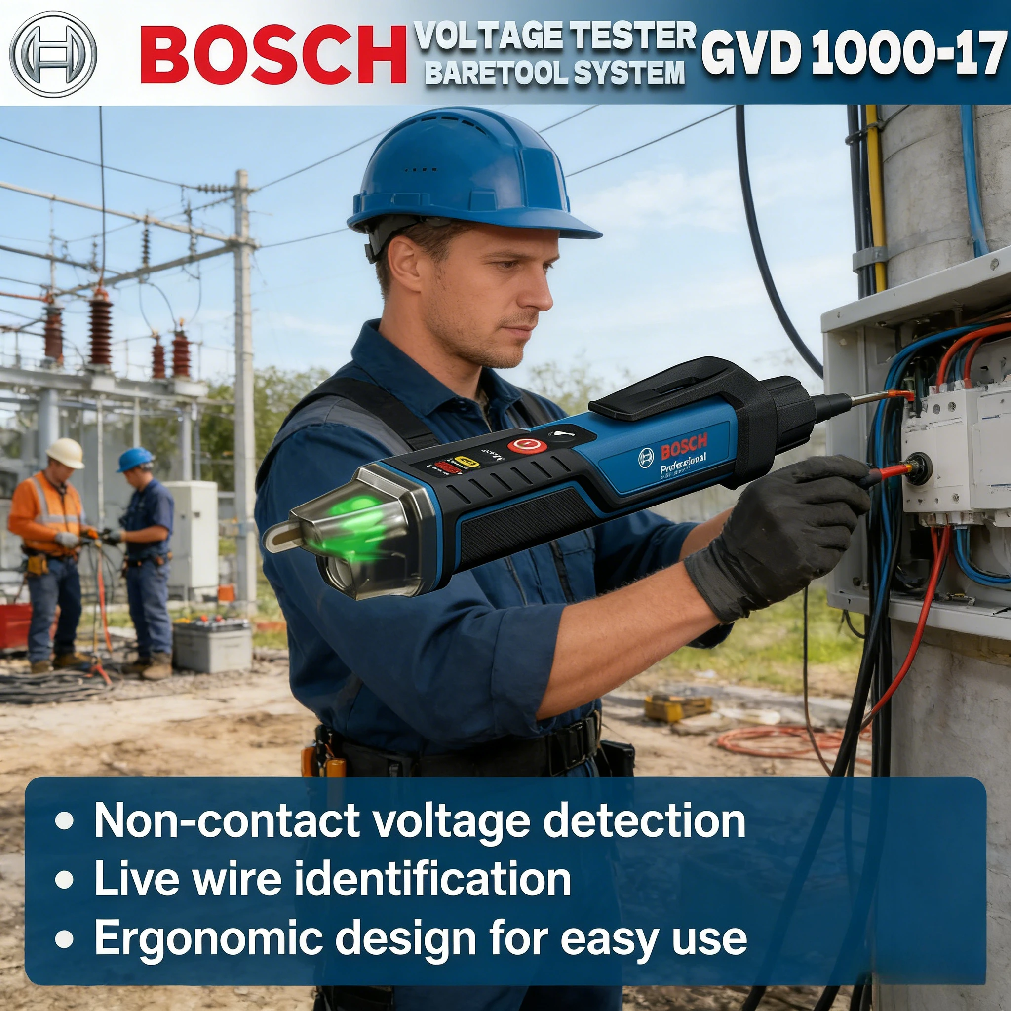 

Бесконтактный тестер напряжения BOSCH GVD 1000-17 Professional с функцией самотестирования, класс защиты IP67, двойное напряжение, для работы с электродрелью