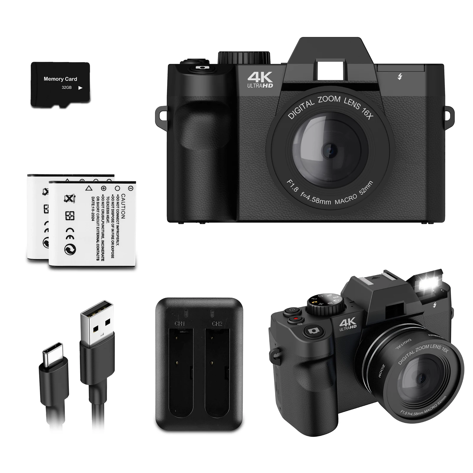 

4K Digital Camera 48MP Auto Focus Travel Vlogging Camera with 180 Flip Screen 16X Zoom