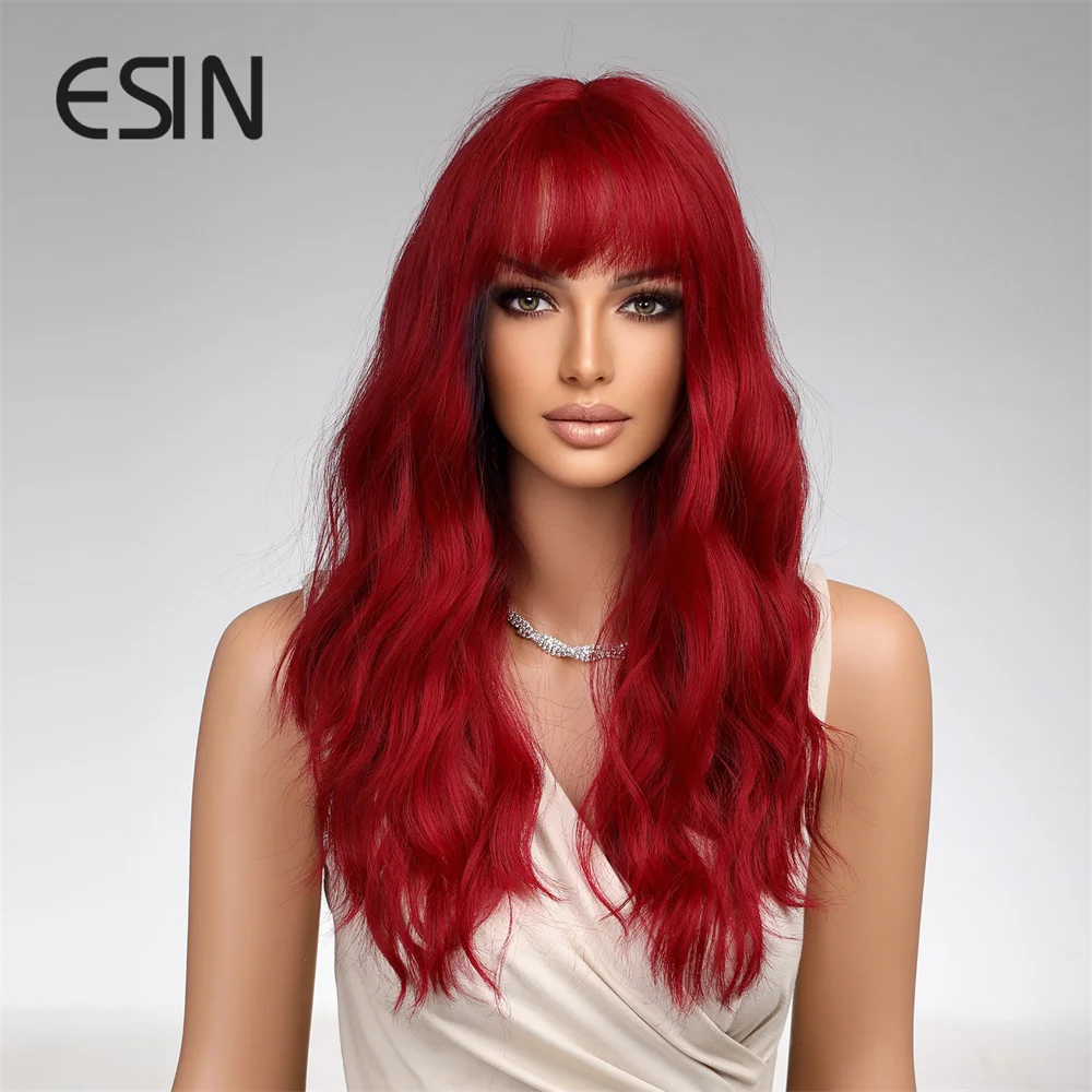 ESIN 2022 New Synthetic Wigs Hot Orange Red Long Water Wave Hair Wig for Women Natural Party Cosplay Daily Heat Resistant