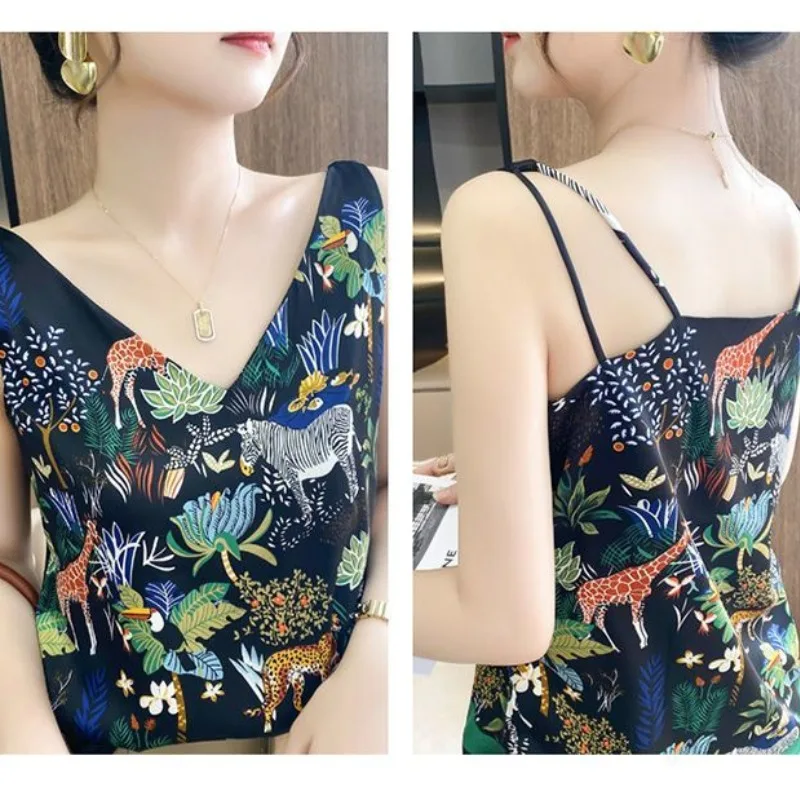 2024 Summer New Camisole Women\'s Fashion Korean Printed V-neck Sleeveless All-match Pullover Natural Scenery Slim Chiffon Tanks