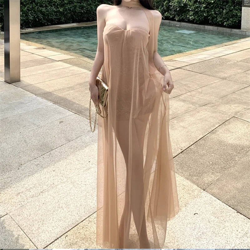 Seksowna Letnia Sukienka Bez Ramiączek w Kolorze Jasnej Kawy z Siateczki, Bez Rękawów, z Dekoltem typu Hiszpanka, Prześwitująca, Idealna na Wakacje nad Morzem, Plażowa, Długa Sukienka w Stylu Wróżki, Szata