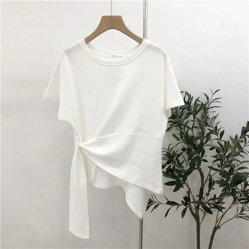 Short Sleeve T-shirts Women New Design Loose Korean Fashion Ins Simple Solid Students Футболка Женский Bandage Trendy Ulzzang