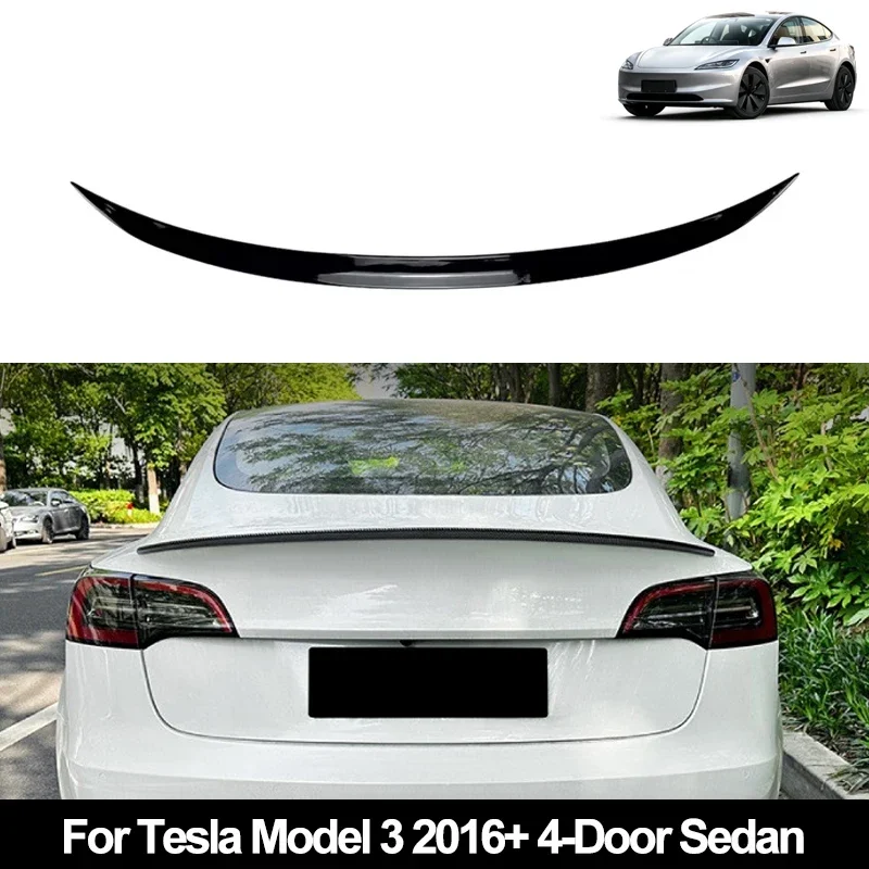 For Tesla Model 3 2016+ 4-Door Sedan Car Rear Trunk Spoiler Wing Boot Lip Glossy Black Soft Plastic Carbon Fiber Look Accessory