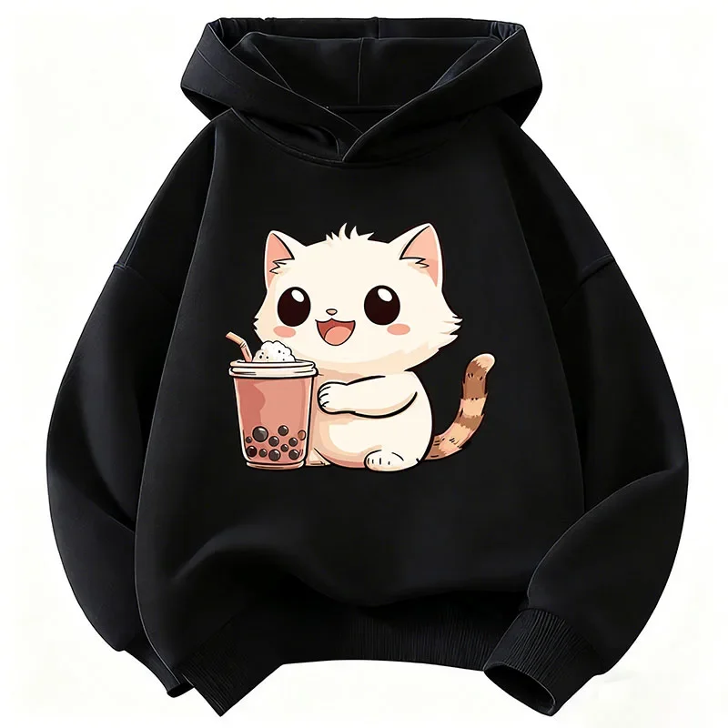 Cute Cat Drinking Hoodie Kids Cat Children's Sweatshirt Hoody for Boys Girls Casual Hoodies Hip Hop Clothes