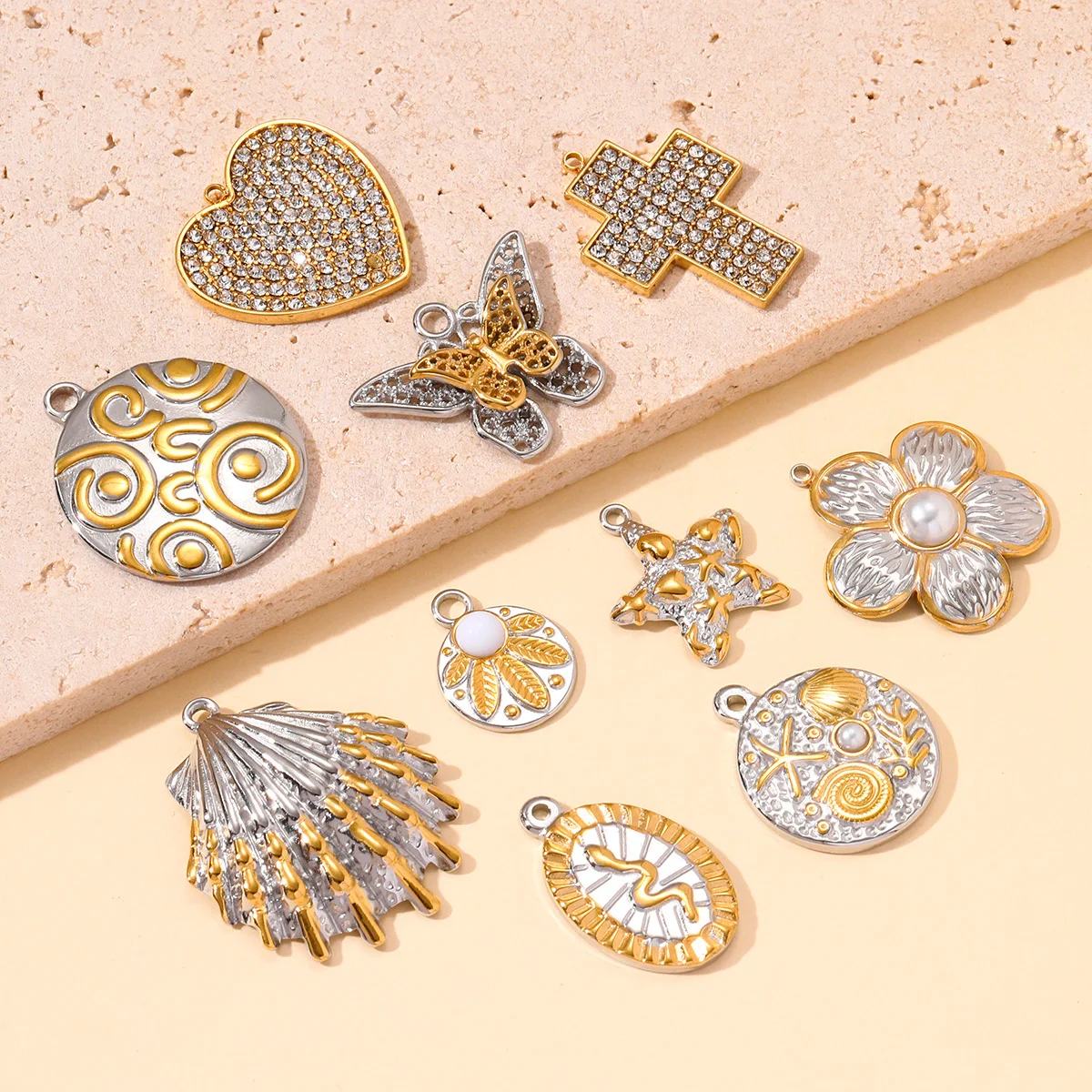 3pcs/Lot Stainless Steel Two Tone Love Heart Cross Diy Charms Starfish Butterfly Snake Pendants Women Leaf Flower Jewelry