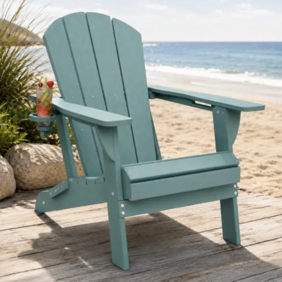 Folding Adirondack Chair for backyard, porch, deck, fire pit use; HDPE plastic; gray; heavy-duty, all-weather resistant with cu