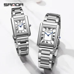 SANDA Fashion Business Men Women Quartz Watch Roman Numeral Square Stainless Steel Waterproof Wristwatch Lovers Casual Watches