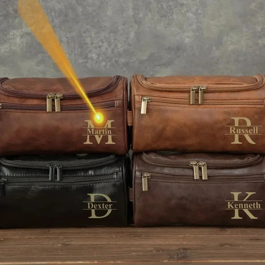 Engraved Name Men’s Waterproof Bag Personalized Name Durable PU Leather  Multi-Use Ideal for Shaving Travel Business Make-Up Bag