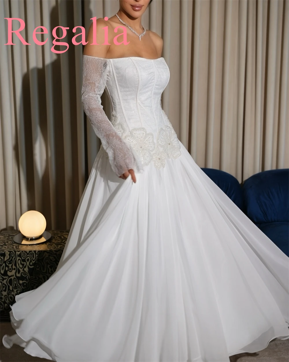

Customized See Through White Chiffon Evening Dress Exquisite Off the Shoulder Long Sleeves Prom Dress Luxury Party Gowns