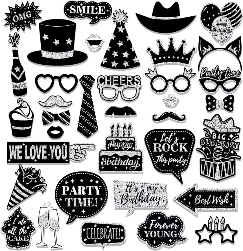 36PCS Fun Black Silver Paper Photography Props Supplies Birthday Party Decoration Decoration  Birthday Party Photography Prop