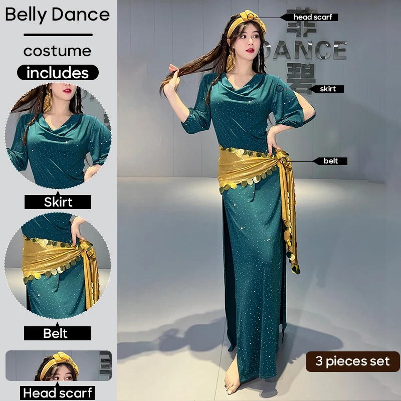 3 Pcs Set Head Scarf Belt and Skirt Belly Dance Costume Sexy Worksuit Practice Clothes For Adult Women Stage Performance