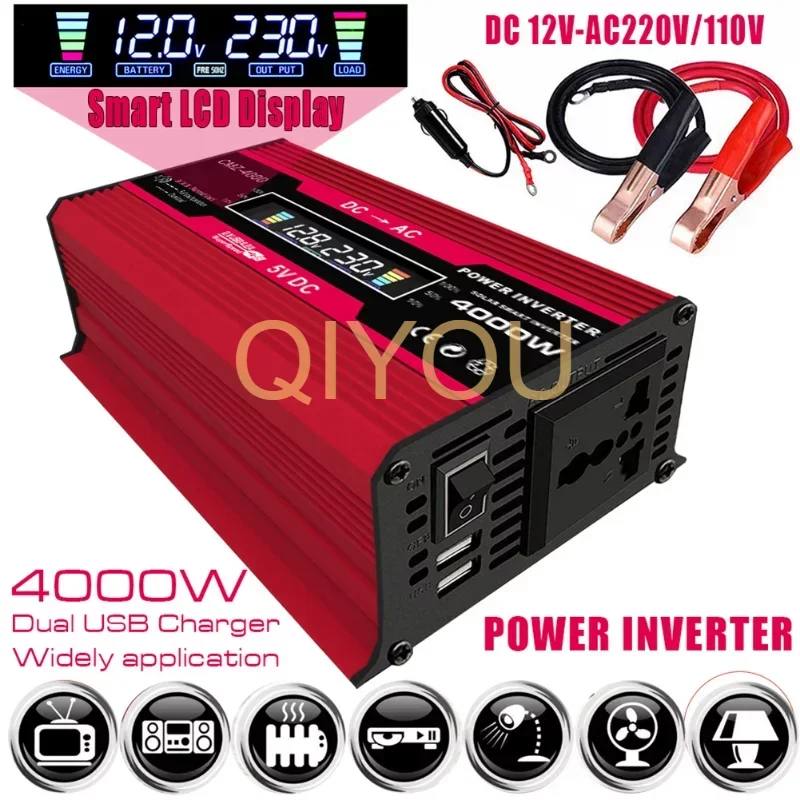 

4000W LED Display Car Power Inverter Converter Adapter Dual USB Voltage Modified Sine Wave Transformer 12V to 220V/110V
