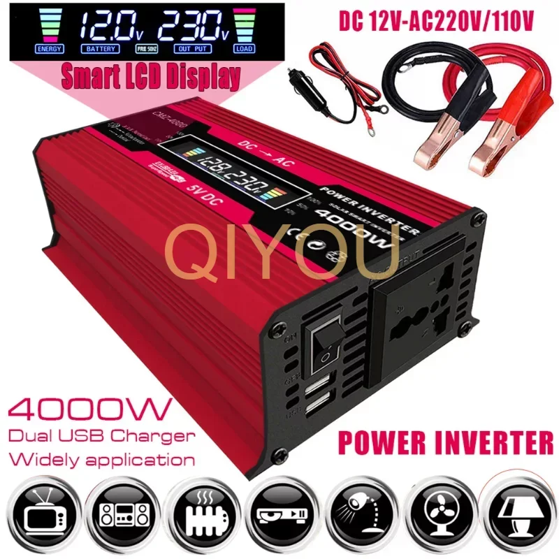 4000W LED Display Car Power Inverter Converter Adapter Dual USB Voltage Modified Sine Wave Transformer 12V to 220V/110V