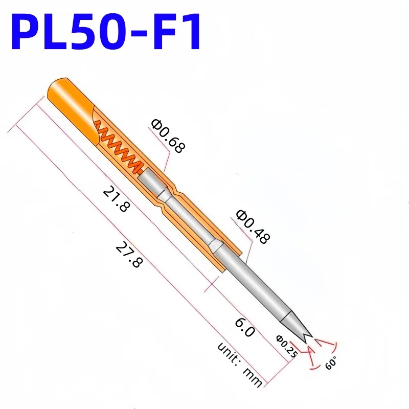 20/100PCS PL50-F1 Spring Test Pin PL50-F Test Probe Copper Pogo Pin Metal Test Needle Test Tool 27.8mm Dia 0.68mm 0.48mm