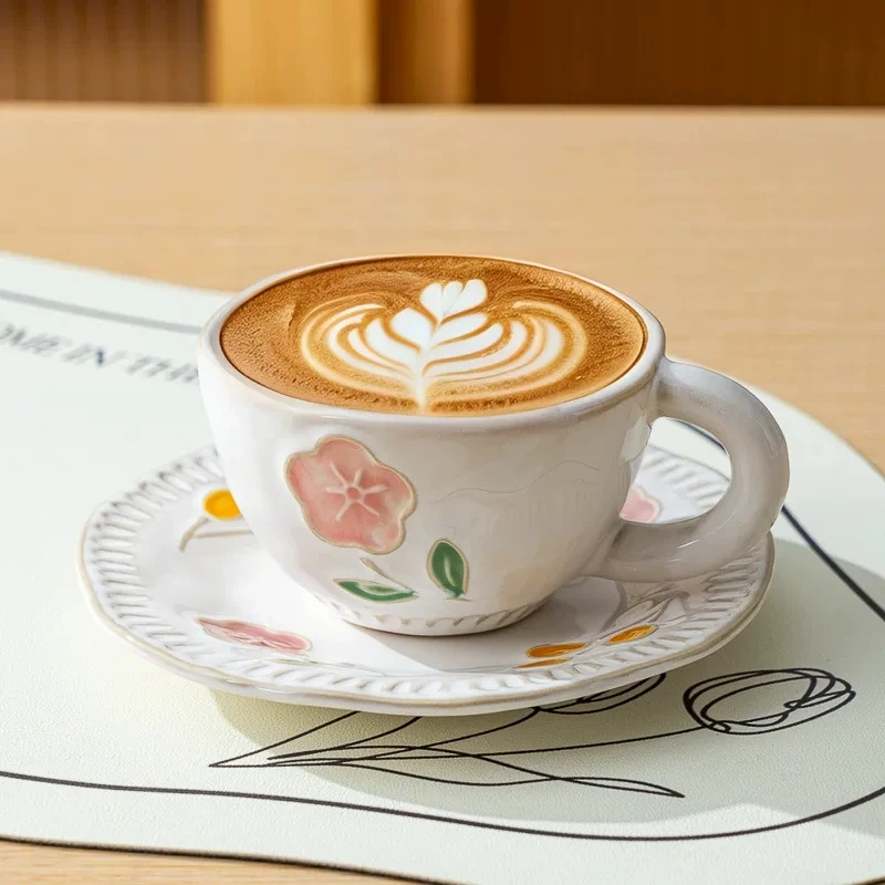 Retro Glaze Transformation Relief Flower Underglaze Color Ceramic Coffee Cup and Saucer Household Breakfast Cup Tea/Water Cup