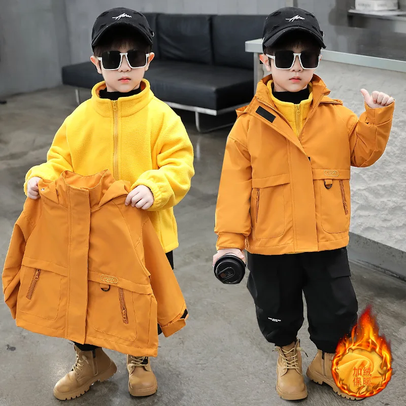 ZOETOPKID Boys 2-in-1 Fleece Jacket Children's Autumn Winter Windbreaker Removable Warm Liner Coat for School Outdoor Play