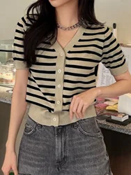 Women's sweater short-sleeved Cardigan horizontal stripes short jacket fashion simple sweater spring autumn winter