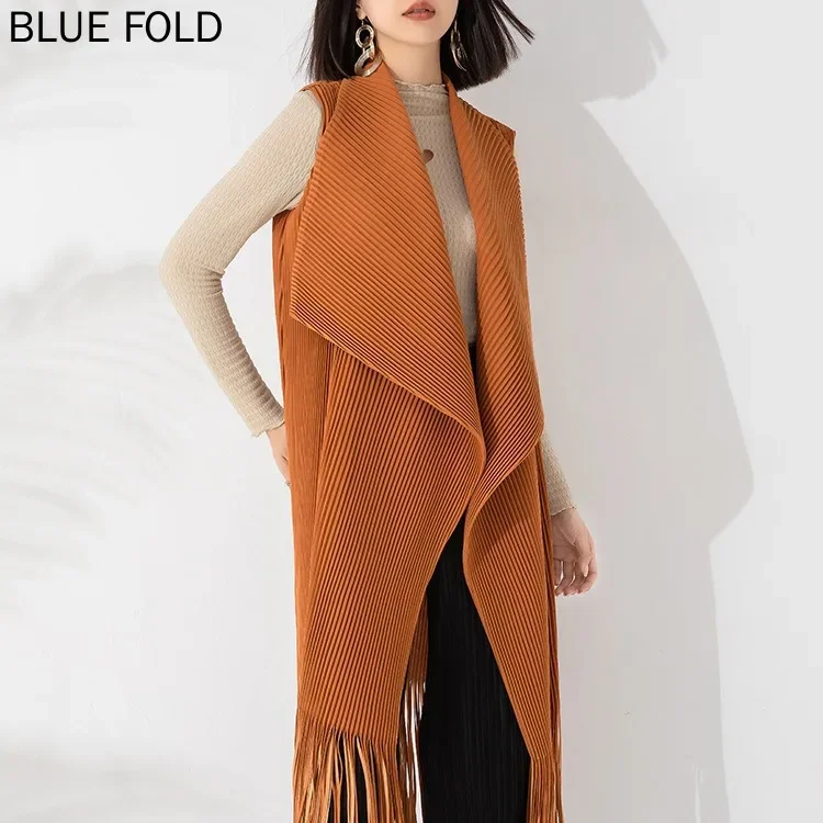 MIYAKE-Women's Pleated Vest, Loose Cardigan, Large Lapel, Fringed, Long Shawl, High-end, Temperament, Autumn, Winter, New