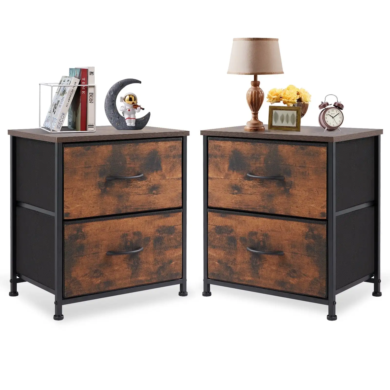 

Nightstand Set of 2, End Table Side Table with 2 Fabric Drawers Bedside Table for Bedroom, Closet, Dorm, Rustic Brown