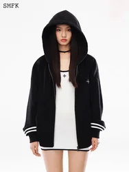 SMFK Night Flower Campus Hoodie for Women's Stripe Contrast Sports Hooded Cardigan Vintage Oversized Wide Body Cotton Coat