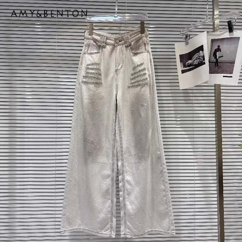 

Street Cool Spicy Rhinestone Beaded Women's Jeans 2026 Spring Summer New Fashion Versatile Loose Wide Leg Grey Trousers Ladies