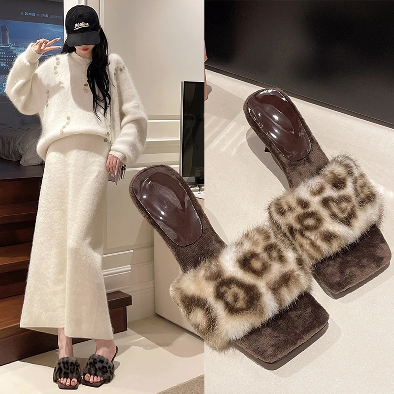 

Новинка 2023 года, осенне-зимняя женская верхняя одежда, универсальные тапочки на котенке с открытым носком и квадратным носком