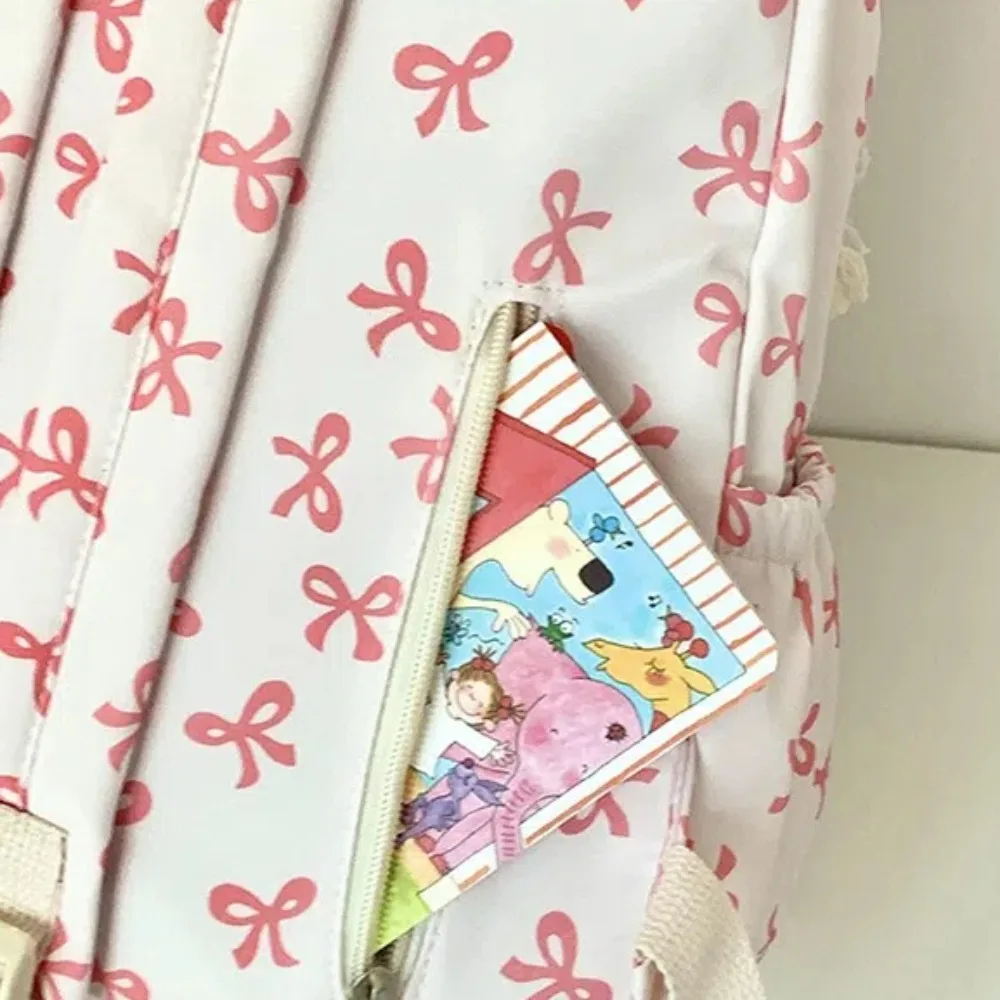 Portble Bow Printed Students Backpack Adjustable Strap Nylon School Bag Large Capacity Travel Rucksack Outdoor