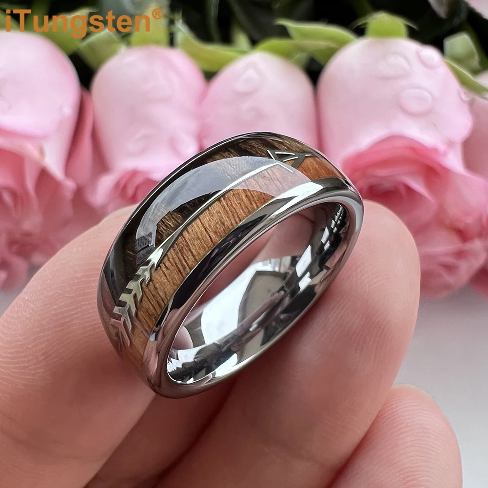 iTungsten 6mm 8mm Tungsten Carbide Ring for Men Women Engagement Wedding Band Fashion Jewelry Arrow Koa Wood Inlay Comfort Fit