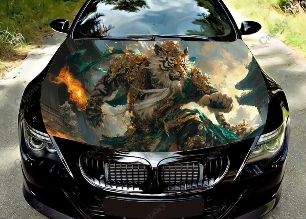 

Виниловая наклейка на капот автомобиля Wukong Rides a Tiger, виниловая пленка, наклейки на крышку двигателя, универсальные автомобильные аксессуары, защитная пленка на капот