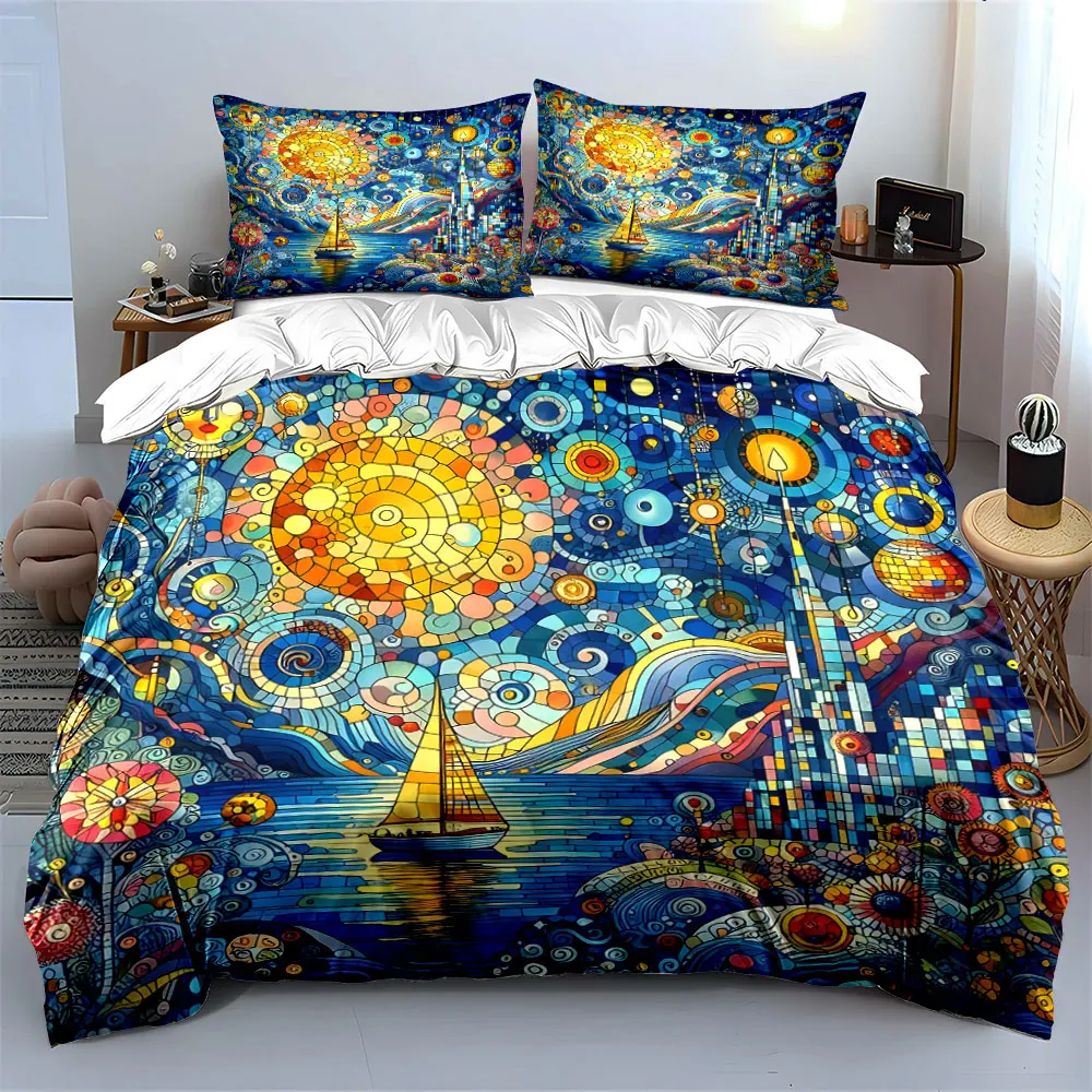 Colorful Stained Glass Bedding Set 3Pcs, Abstract Mosaic Ocean Sailboat Print, 1 Duvet Cover + 2 Pillowcases for Art Lovers