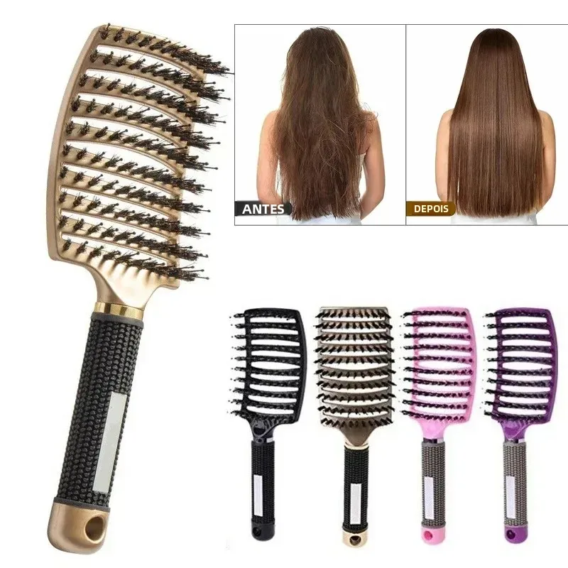 Escova de cabelo couro cabeludo massagem pente escova de cabelo cerdas de javali náilon feminino molhado encaracolado desembaraçar escova de cabelo salão cabeleireiro ferramenta estilo