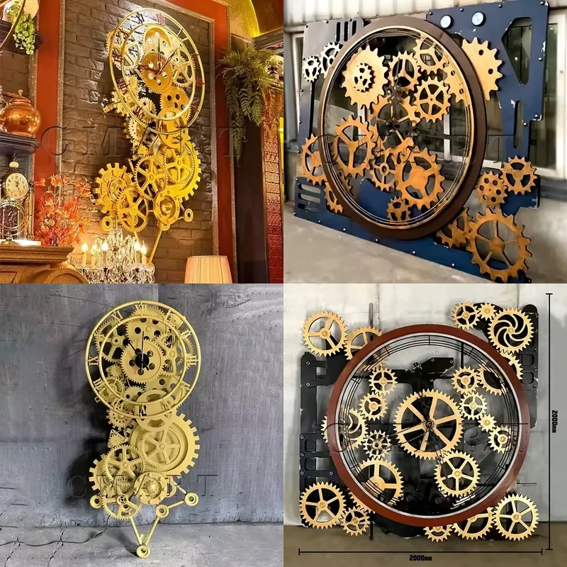 Retro 3D Gear Wall Clock Sculpture Customized Metal Mechanical Silent Clock Stuate Wall Mount Hanging for Bar Interior Design