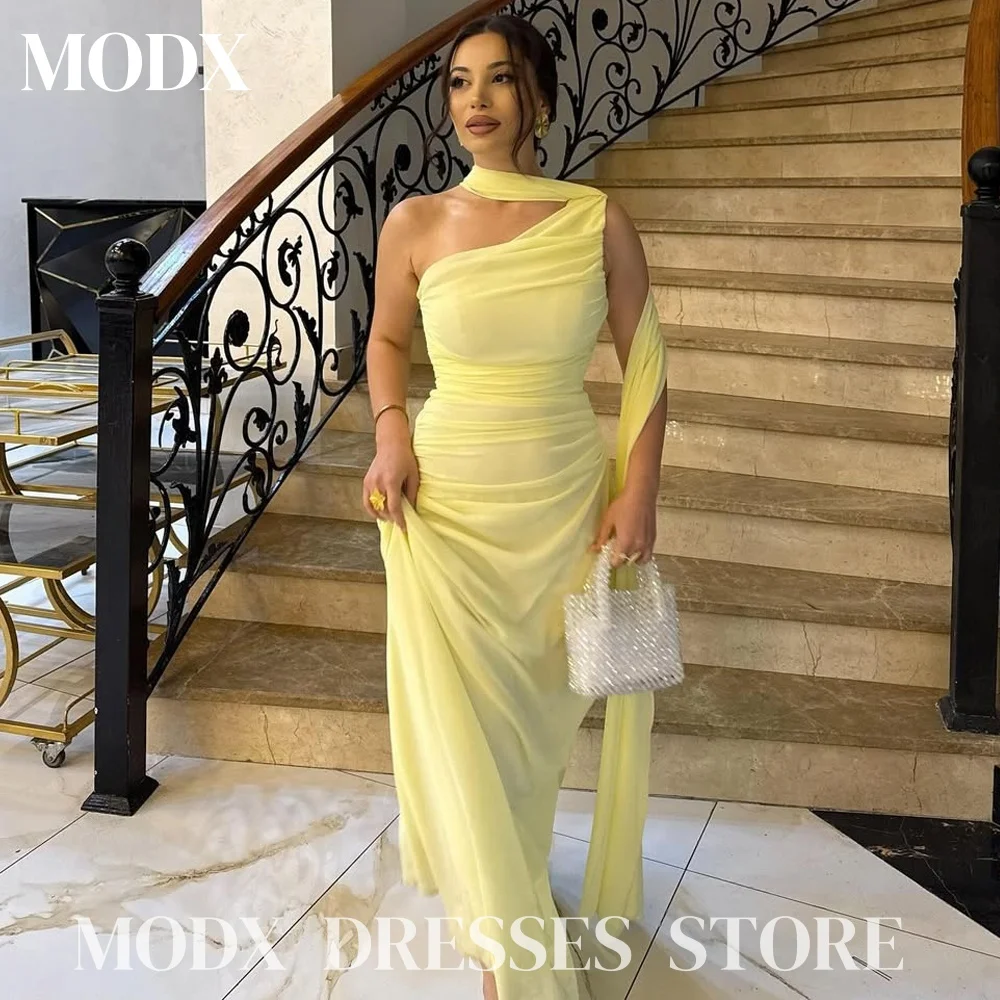 

MODX Faint Yellow Mermaid Evening Dresses Women One Shoulder Scalf Floor Length Prom Gowns Formal Occasion Party Dress 2025