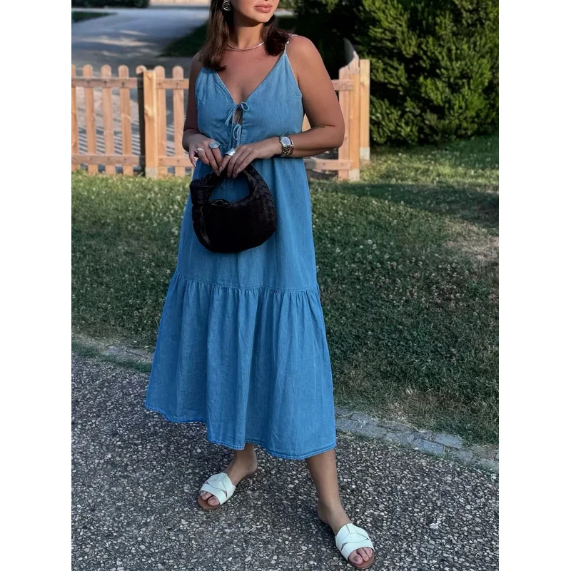 Robe caraco en jean bleu clair pour femmes, Sexy, avec cravate sur le devant, découpe au dos, ourlet à volants, pour l'été, la plage, les vacances, la mode