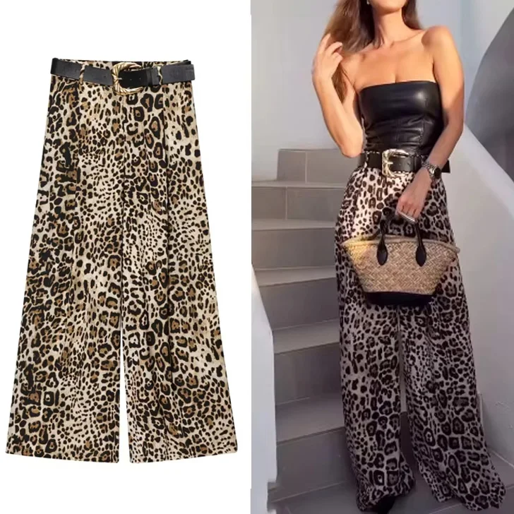 

Leopard Satin Trousers Women Vintage Animal Print With Belt Straight Wide Leg Pants Summer 2025 New Fashion Casual Loose Pants
