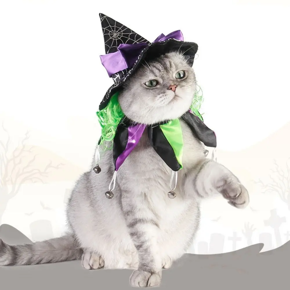 

Funny Decorative Cat Wizard Hat Cloak Soft Adjustable Dog Halloween Cape with Snack Bag Cat Wizard Spider Hat Halloween