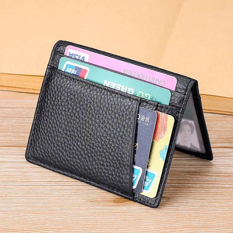 

Men's Head Layer Cow Leather Bag Ultra Thin Case Fixed Anti-theft Genuine Wallet Business Credit Slots New ID Women Card Holders