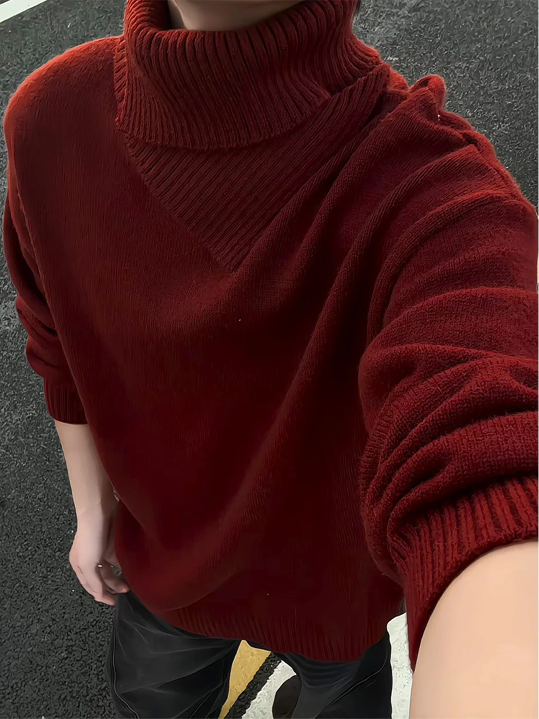 

Red Wine Color Irregular High Collar Men's Knitted Sweater Autumn Winter Inner Wear Casual Soft Comfortable Thiened Line irt