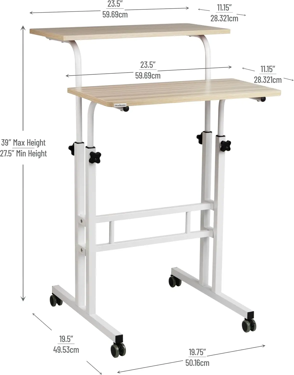 Adjustable Height Standing Desk with Wheels, Portable Laptop Workstation, Two-Tier Metal Frame in White