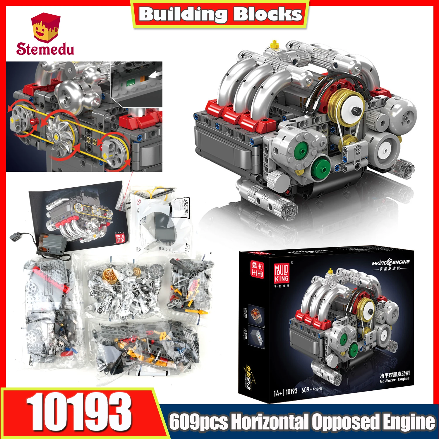 

609pcs Mould King 10193 Engine Model Set That Runs Motorized Building Block MOC Opposed Piston Model STEM Gift for Kids & Adults