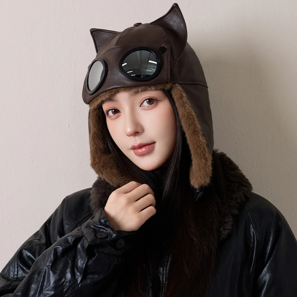 Soft Windproof Winter Pilot Hat With Goggles Beanie Pu Cycling Lei Feng Hat Ear Protection Thickened Earflap Cap Hiking