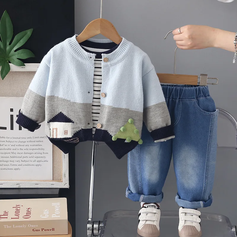 Boys Clothes Sets Spring Autumn Children Woolen Jersey Sweaters Coats T-shirts Denim Pants 3pcs Casual Suit Baby Tracksuits Kids