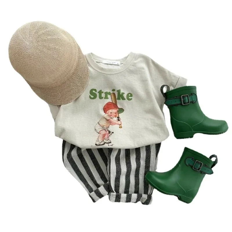 أطفال الصيف السراويل الفتيان الفتيات القطن مرونة الخصر مخطط فضفاض طويل عارضة الرباط السراويل #5