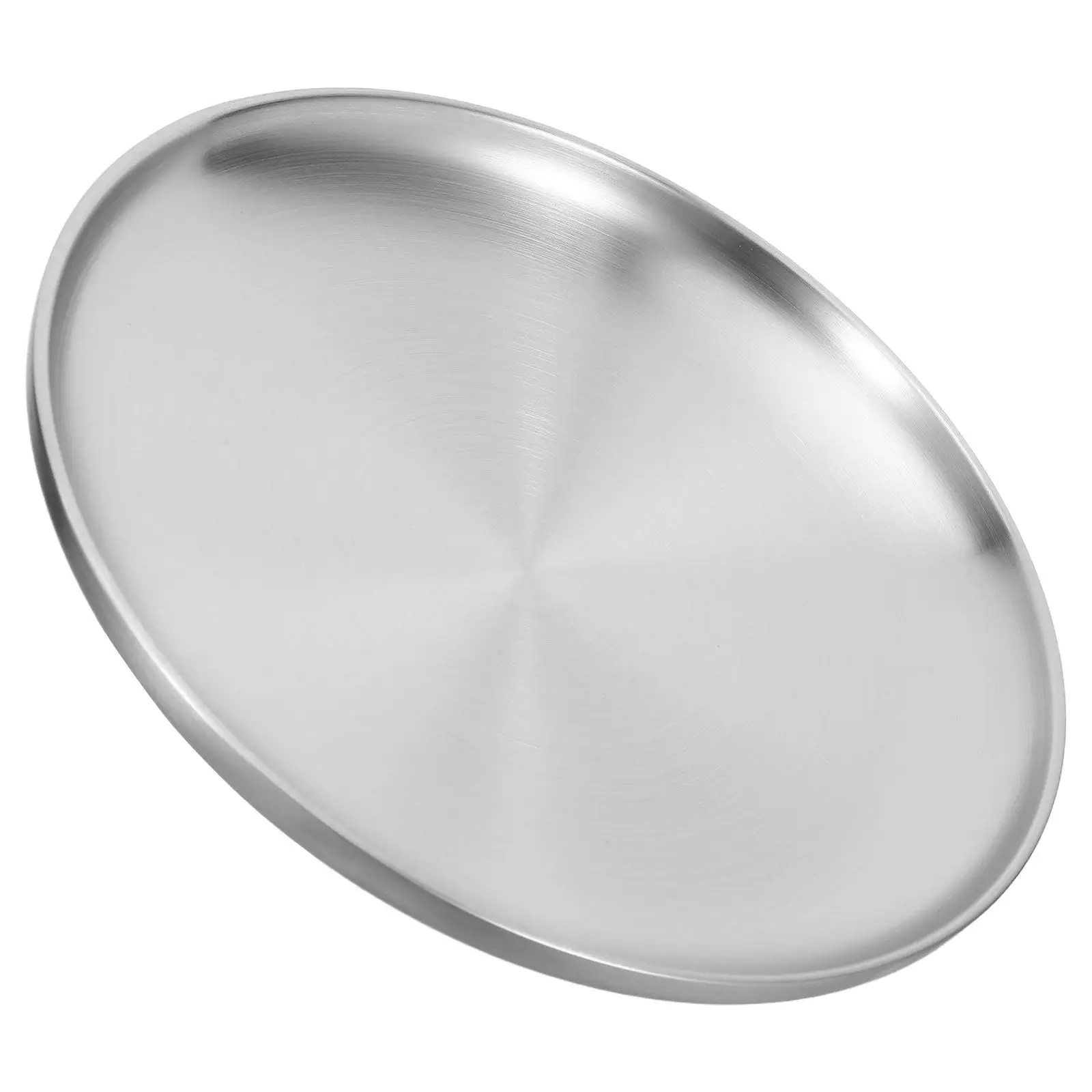 304 Stainless Steel Round Dish Double Wall Shallow Plate Wire Drawing Finish Lightweight Heat Insulation Non Slip Food Serving