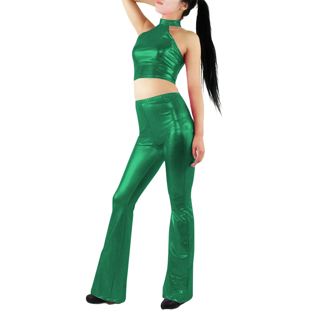 

Rave Party Shiny Metallic 2 Piece Pant Outfits Women Sleeveless Cropped Tops with High Waist Long Flared Pant Sets Clubwear