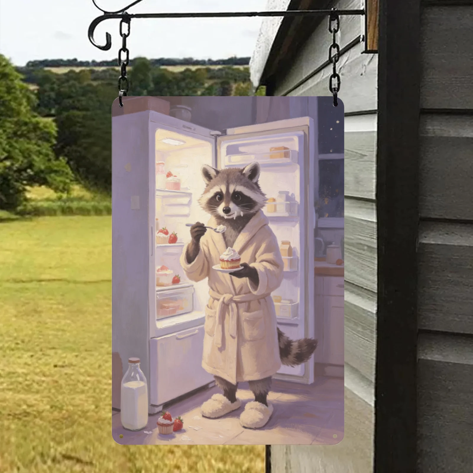 Funny Raccoon Eating Cupcake Metal Tin Sign Vintage Bathrobe Raccoon Fridge Wall Art Plaque Kitchen Home Decor Gift for Animal Lovers