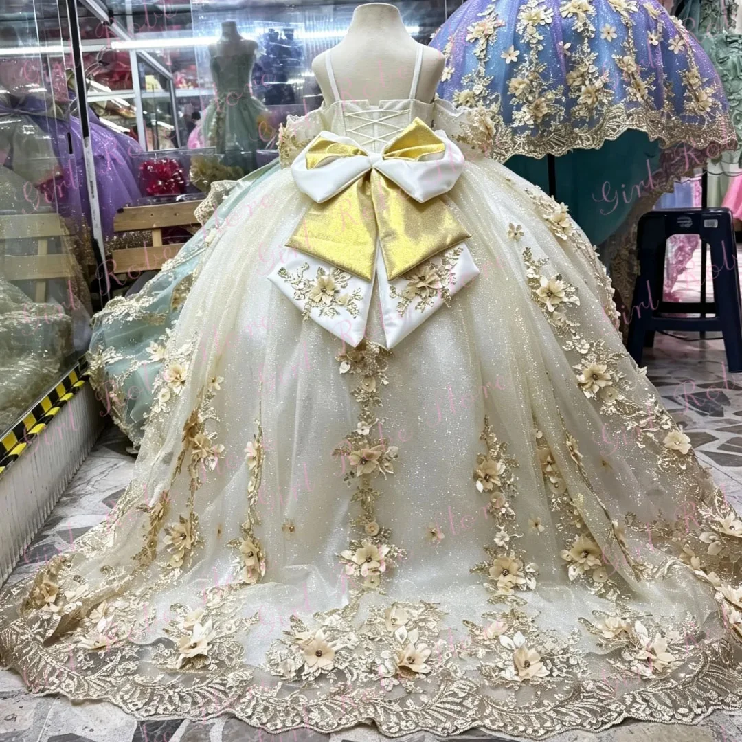 Customized Elegant Flower Girl Dress For Wedding Appliques Off Shoulder Floor Length Puffy Little Girl Bridesmaid Birthday Gown
