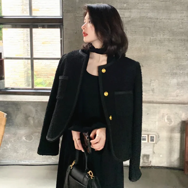 Women Autumn Winter Black Tweed Jacket Short Slim O Neck Casual Office Streetwear Wool Coat Golden Button Korean Style