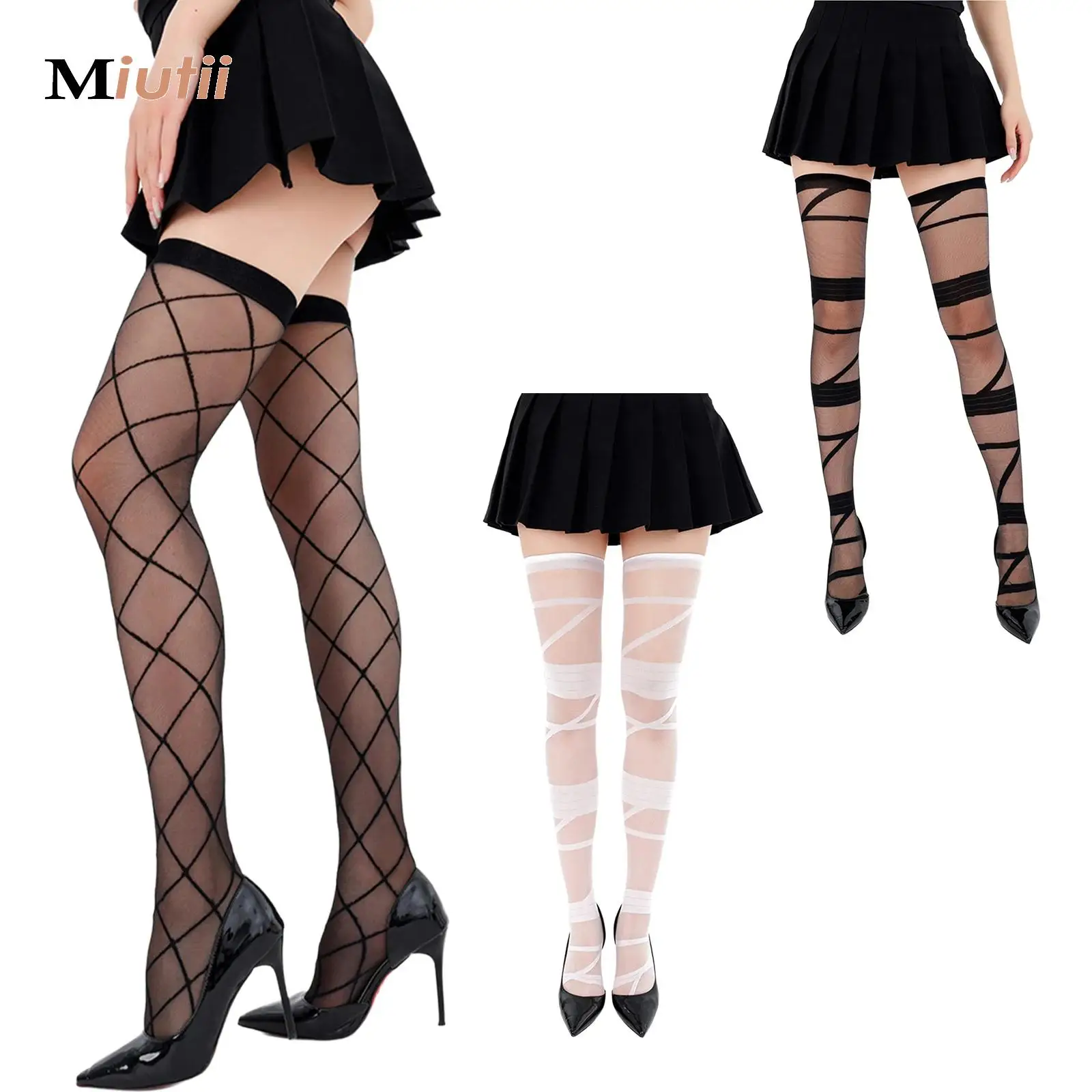 

Ultrathin Women Spicy Girl Bandage Stripe Long Stockings Female Japanese Lolita Cosplay Jk Y2k Sexy Cross Tube White Stockings